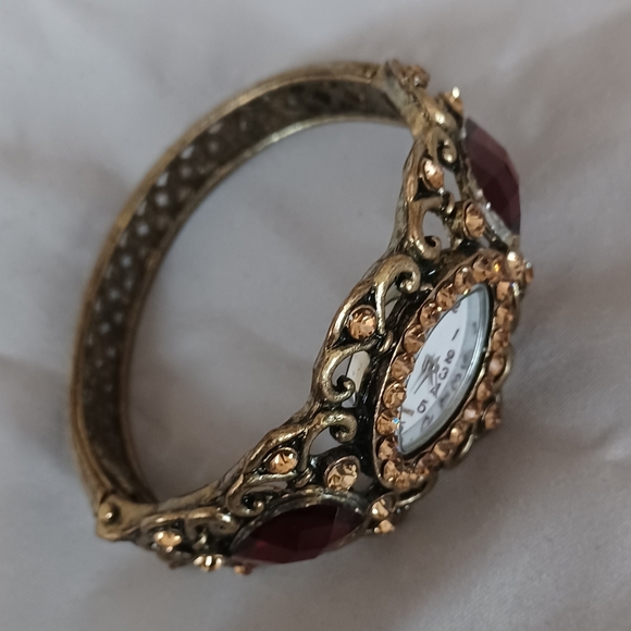 Victorian Era Type design brass colored bangle watch timepiece red brown stones - Picture 2 of 9
